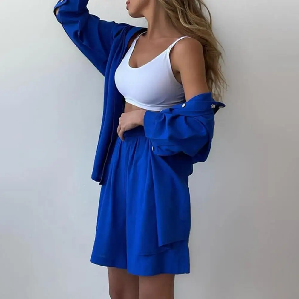 Long-sleeved Shirt Chic Women's Shirt Shorts Set Stylish Lapel Collar Blouse with High Waist Loose Pants Casual for Fashionable