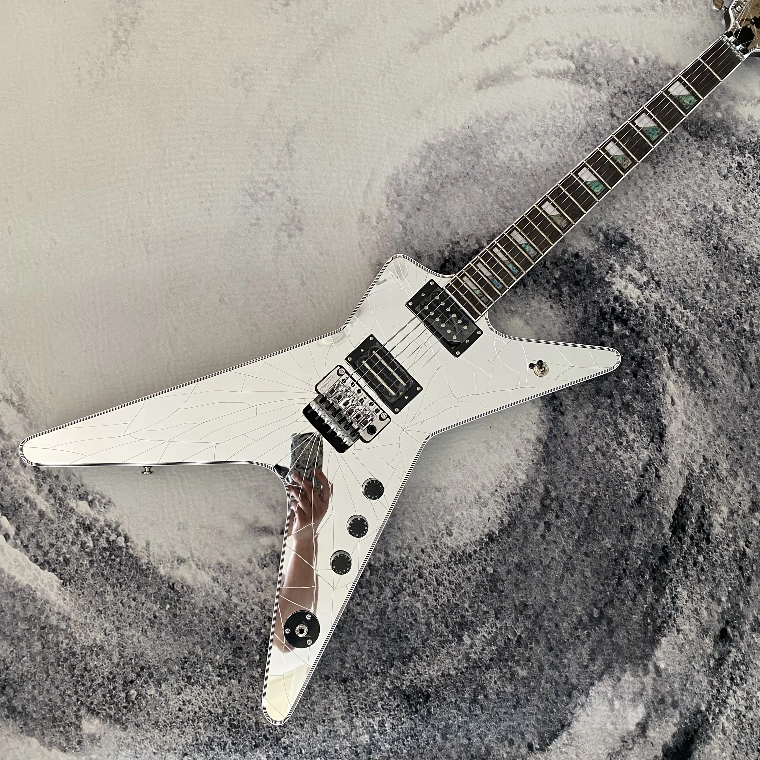 V Shape Electric Guitar, Mirror Cracked Silver Surface Body, Double Tremolo Bridge System, Dual High‑Output Humbucker Pickups