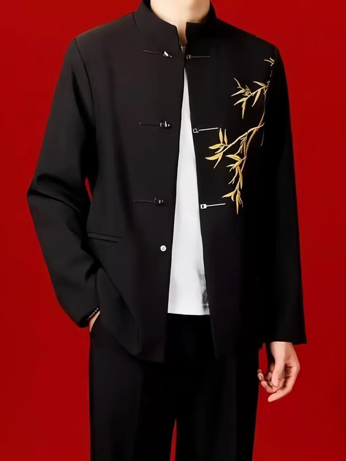 New Chinese Style Men's Casual Bamboo Suit Jacket Spring Autumn High Collar Full Lined Anti-Wrinkle Wedding Wear Polyester Fiber