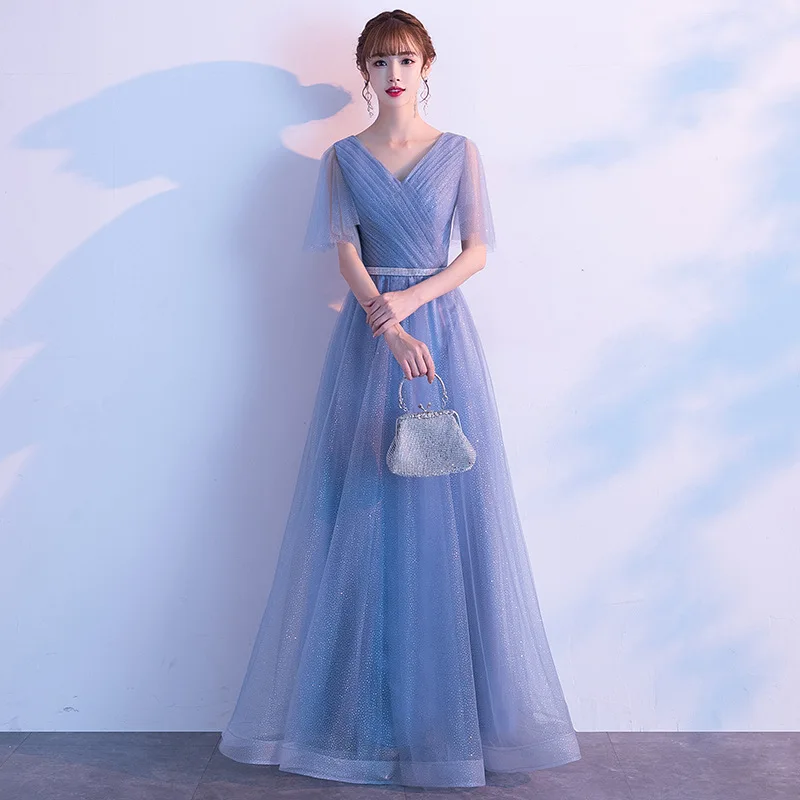  Simple V-neck Evening Dress New Mono Color Temperament A-line Party Gown Sleeveless Floor-length Sequin Tulle Suknia Customized