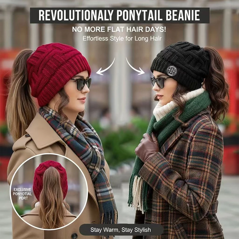 

1 шт. женская вязаная шапка с отверстием для хвоста, специальная зимняя шапка для длинных волос, забудьте о плоской прическе, теплая и эластичная вязаная шапка, повседневная зимняя шапка для улицы