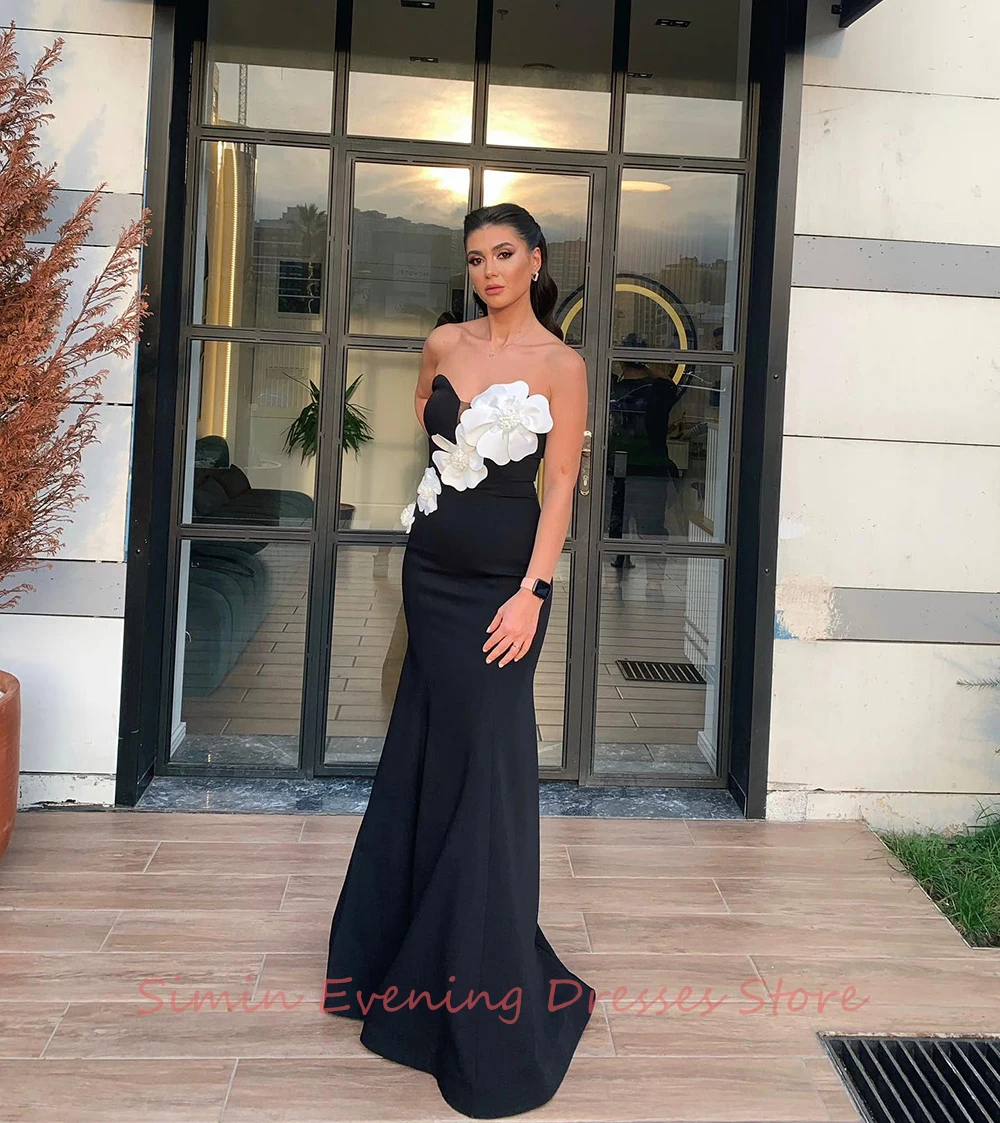 Strapless Pleats Satin Flower Simple Mermaid Sleeveless Floor-Length Saudi Arab Evening Elegant Party dresses for women 2024