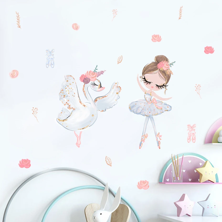 Cartoon White Ballerina Girl Swan Flower Wall Stickers for Kids Room Baby Girls Room Decoration Wall Decals Room Interior