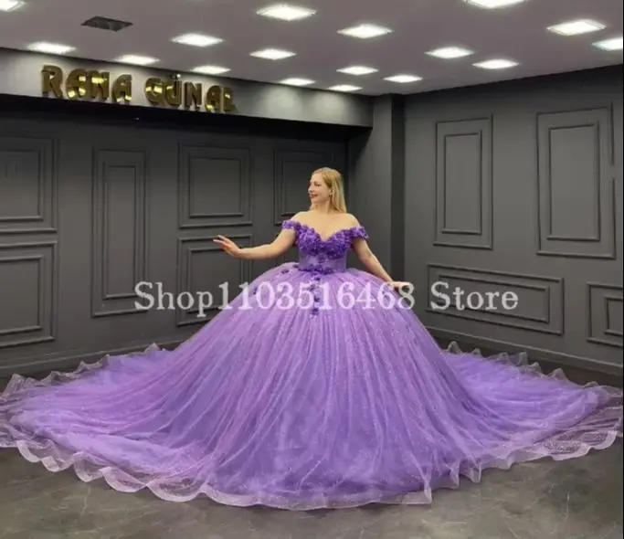 Vestido Quinceanera roxo lilás princesa, um ombro, aplique floral 3D, trem da capela, 16 vestidos, 2022