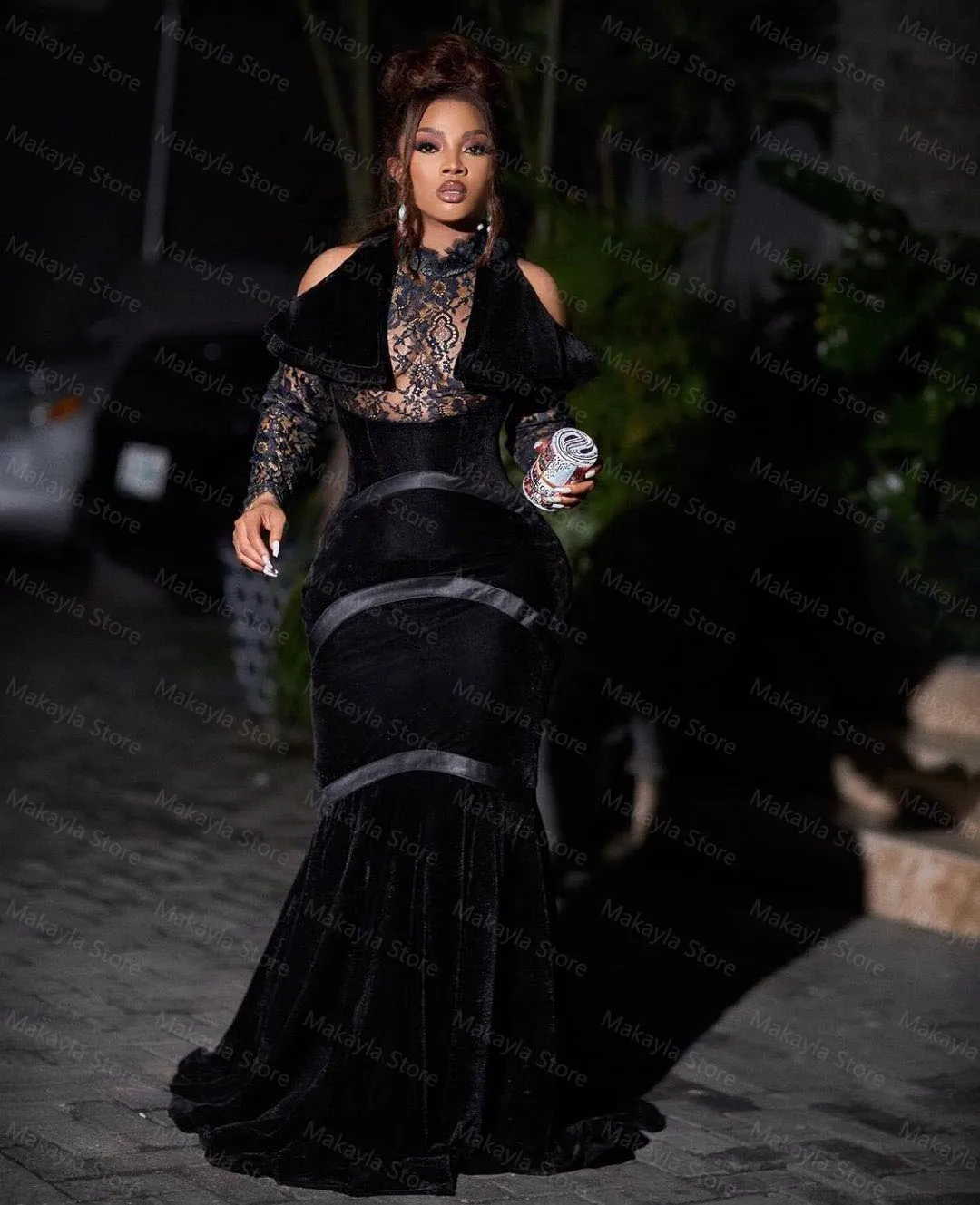 Black Vintage Velvet Sexy Elegant Evening Dresses Lace Long Sleeves Formal Mermaid Women Prom Party Gowns Custom Made Plus Size