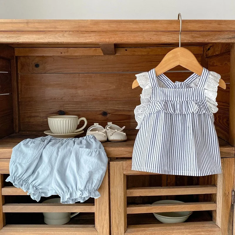 

INS Summer Baby Girl Clothes Set 0-3Years Newborn Kids Lace Sleeveless Striped Shirt Tops+Bloomers Shorts 2PCS Outfits Suit