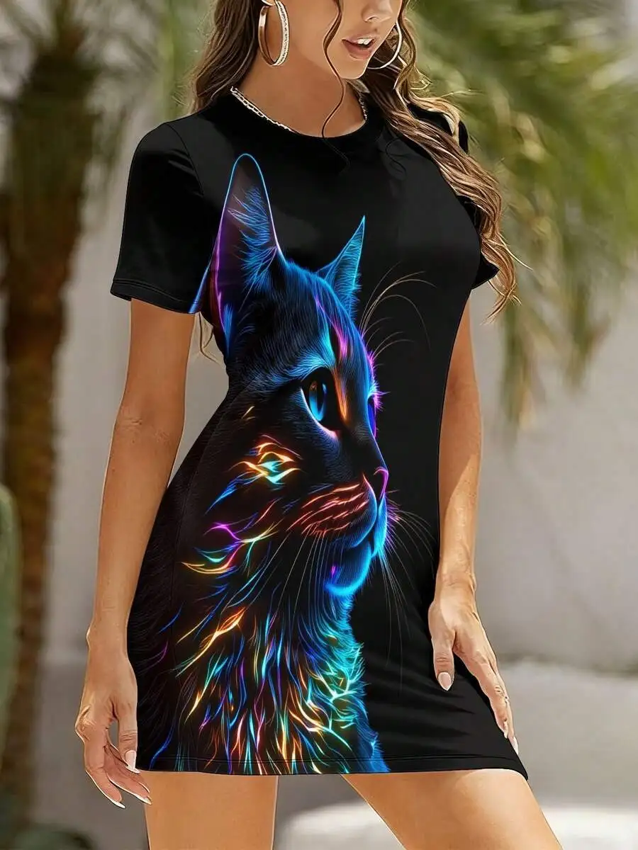 

Womens Short Sleeve Bodycon Mini Dress With Neon Cat Galaxy Print Crew Neck Slim Fit Casual Summer Dress