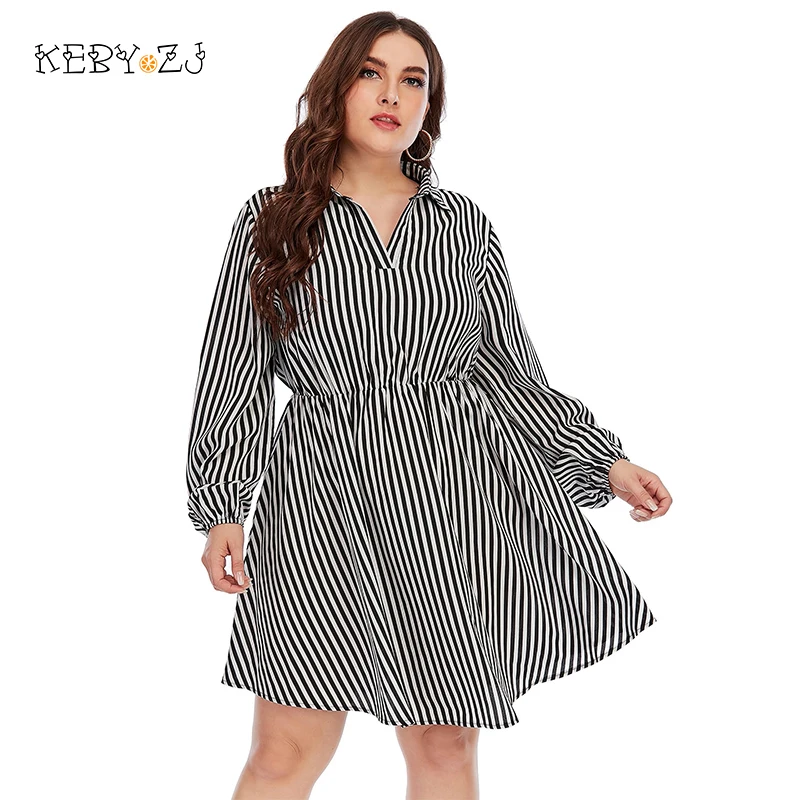 

KEBY ZJ Office Dresses for Women 2022 Plus Size Clothes Female Vestido Short Dress Casual Black White Striped Large Size Dress