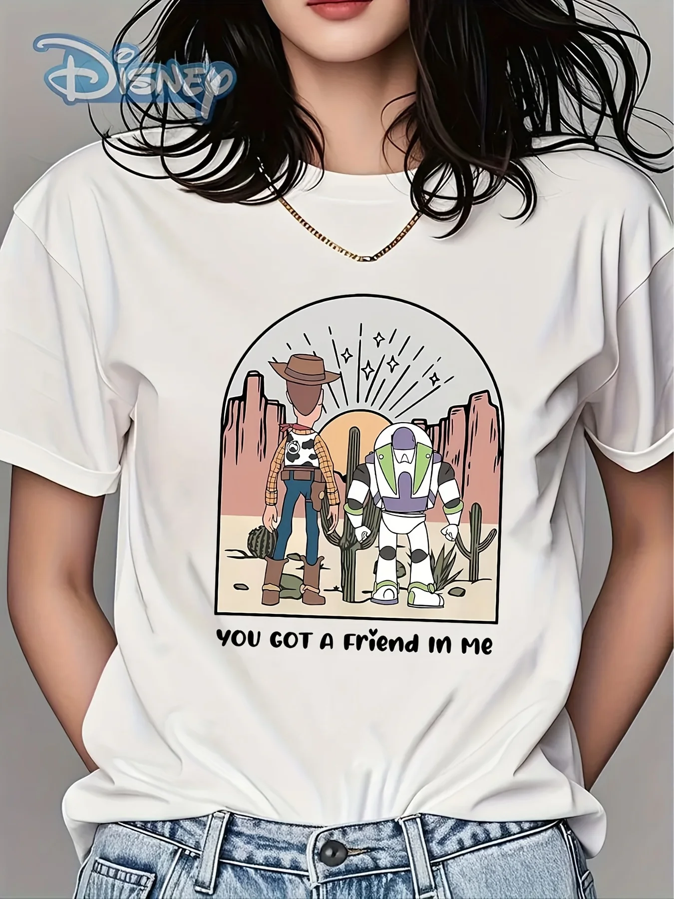 

Licensed Toy Story Graphic T-Shirt for Women - Woody & Buzz Lightyear "You Got A Friend in Me" Desert Scene Design