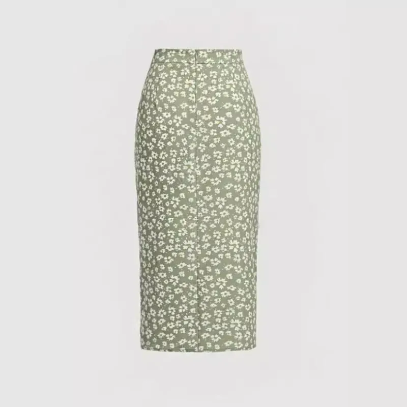 2024 Summer European and American New High Waist Small Chrysanthemum Printed Drawstring Vent Sheath Skirt for Women