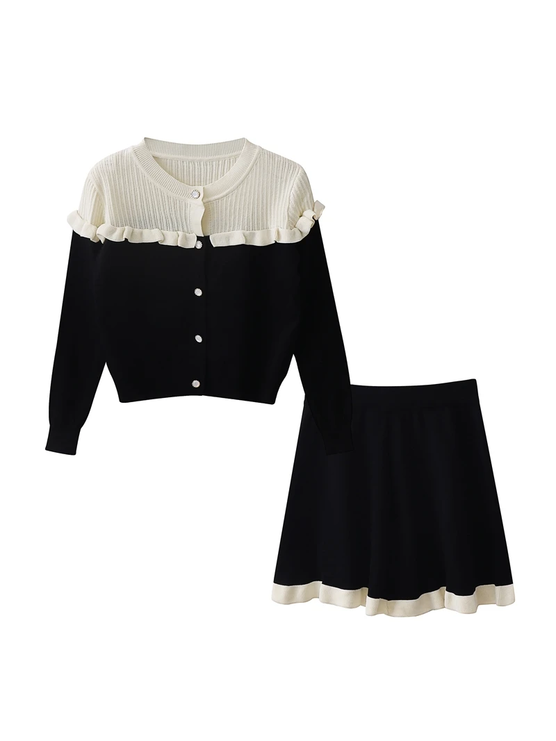 

New French Style Small Fragrance Two-piece Set Women's Contrast Color Fungus Edged Knitted Cardigan+ Slimming A-line Short Skirt