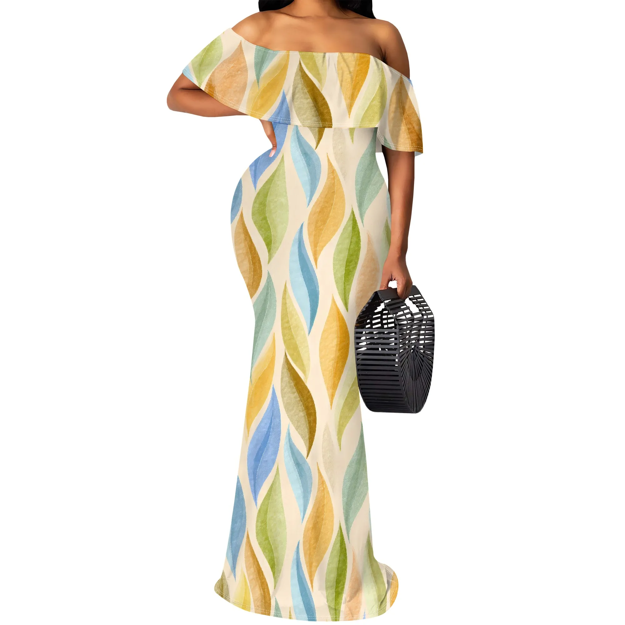 

Women Ruffle Floral Maxi Summer Dress Off Shoulder Short Sleeve Backless Flounce Bodice Hem Beach Dresses
