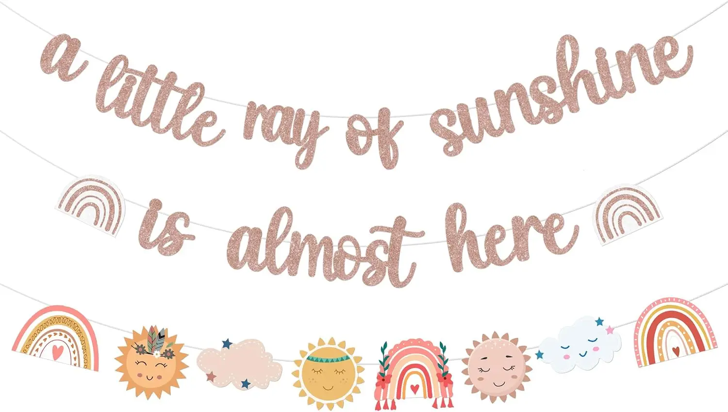 A Little Ray of Sunshine Is Most Here Banner, Boho Sun Rainbow Garland Decorations for Girl Baby Shower