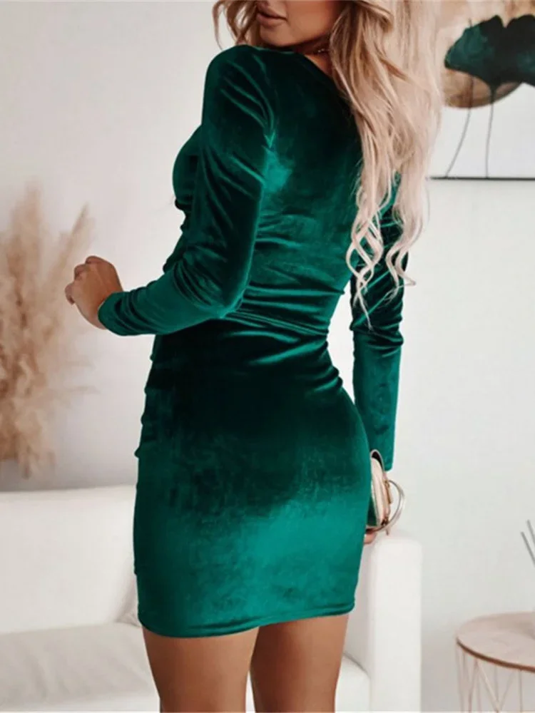Women Sexy Mini Dress 2021 Spring Autumn Split Sheath Solid Folds Dress Lady Black Plus Size Tunic V-Neck Bodycon Dress Vestido