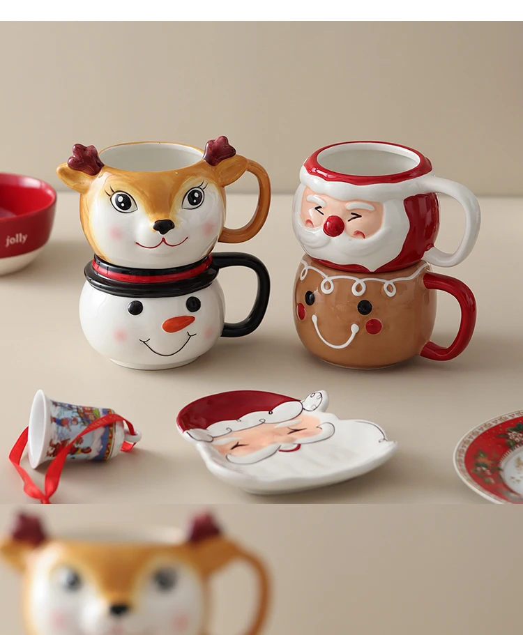 

Elk Santa Claus Coffee Drink Mug Ceramic Stacked Cups Cute Cartoon Snowman Mugs Gingerbread Man Small Holiday Gifts