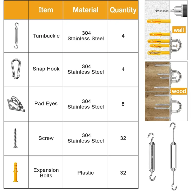 

Sun Shade Sail Hardware Kit 80Pcs For Rectangle Sun Shade Sails Canopy Installation Accessories M6 Turnbuckles-A74P