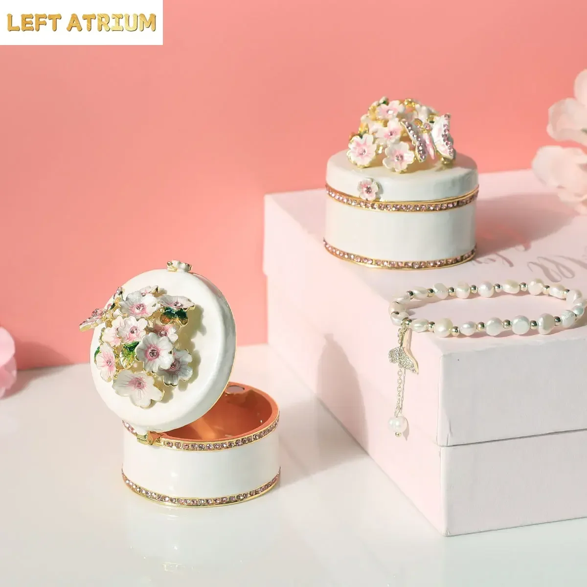 Alloy Cherry Blossom Decorative Box Round Ring Box Enamel Craft Cherry Blossom Jewelry Box Birthday Gift Fashion Small Ornaments