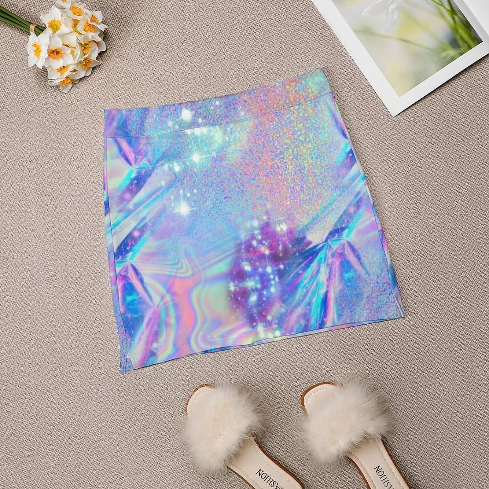 Sparkly Rainbow Holographic Pattern Women\'s skirt Y2K Summer Clothes 2022 Kpop Style Trouser Skirt With Pocket Holographic