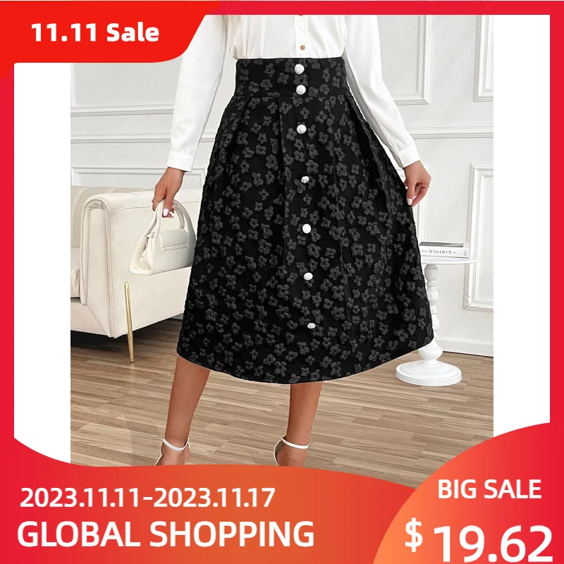 

Spring Summer Women's Long Half Skirt Jacquard A-line Button Decorative Skirt High Waist Casual Commuting Solid Color Female