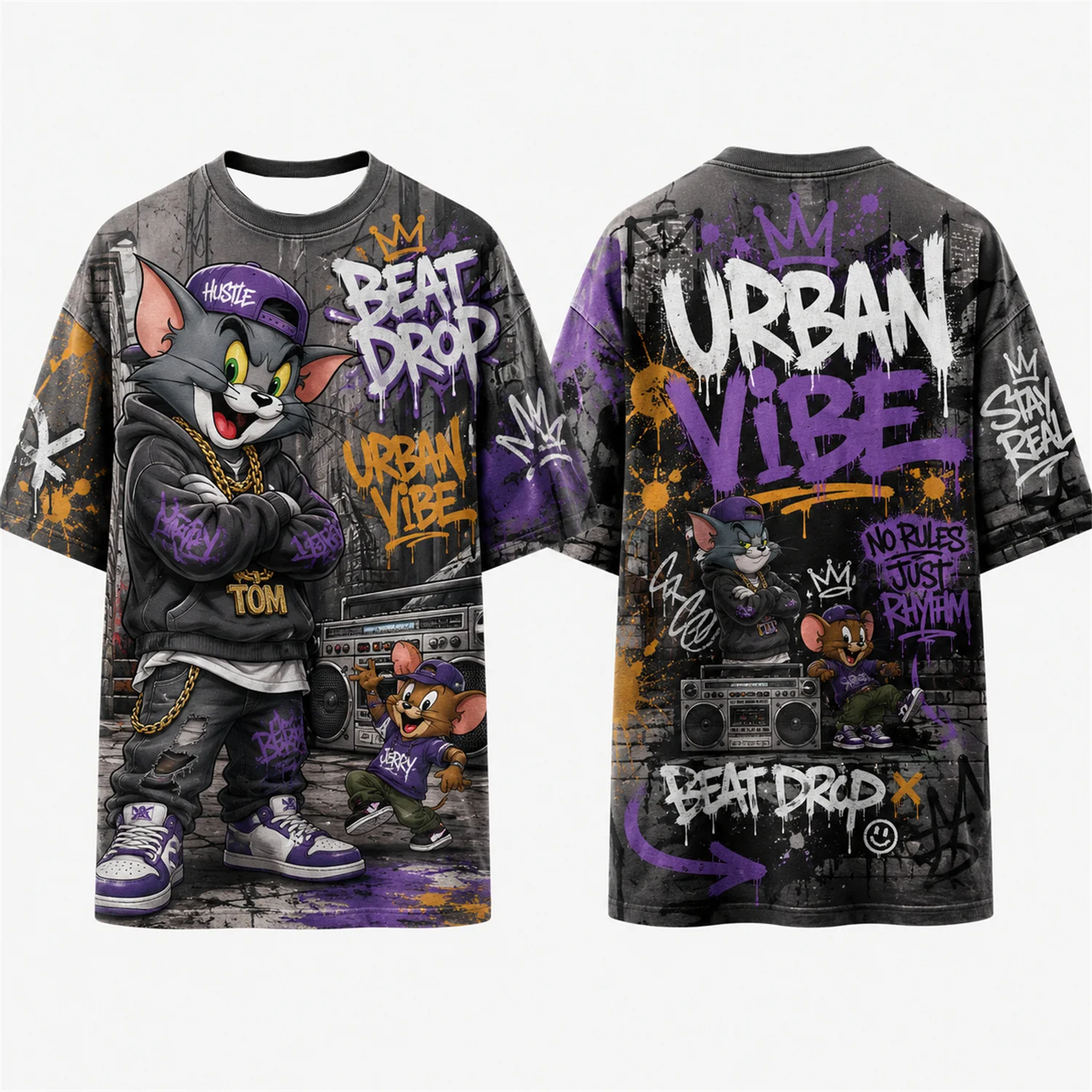 Skateboard Tom And Jerry Graffiti Print Loose Short Sleeve T Shirt For Men Women Fans Soft Cotton Street Hip Hop Casual Daily We