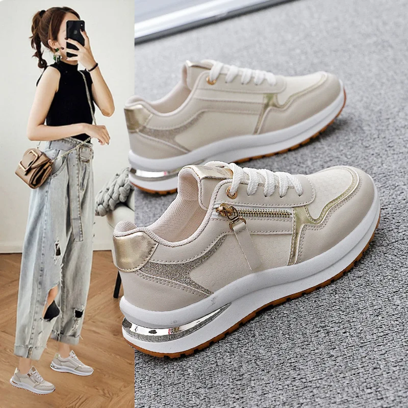 Spring New Women Fashion Sneakers Block Patchwork Side Zipper Design Thick Bottom Heighten Casual Walking Shoes Ladies Big Size