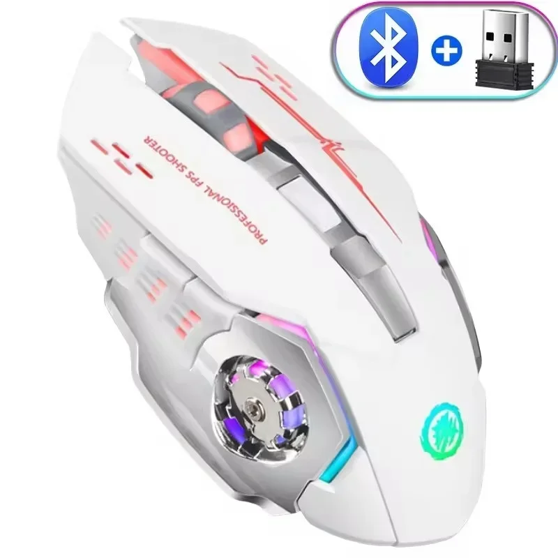 Mouse wireless ricaricabile per computer da gioco con mouse USB Bluetooth da 2,4 GHz per computer Mouse da gioco per PC con retroilluminazione meccanica E-Sport