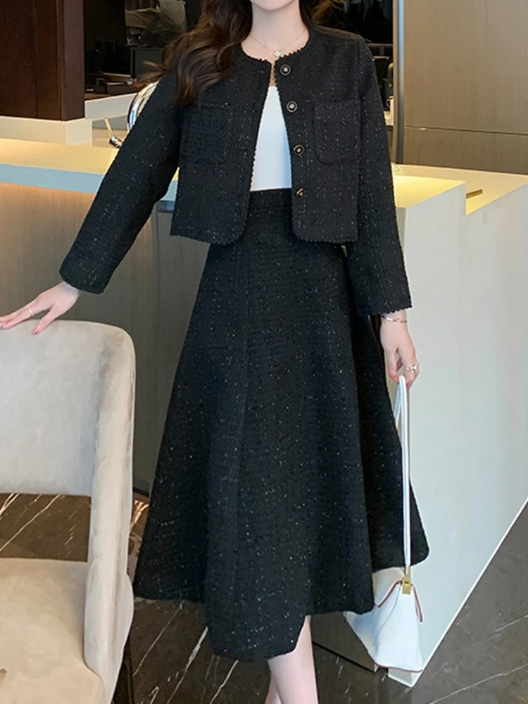 Autumn Winter Two Pieces Women Sets Long Sleeve O-neck Vintage Coat + High Waist Causal A-line Skirt 2023 New Tweed Outfits