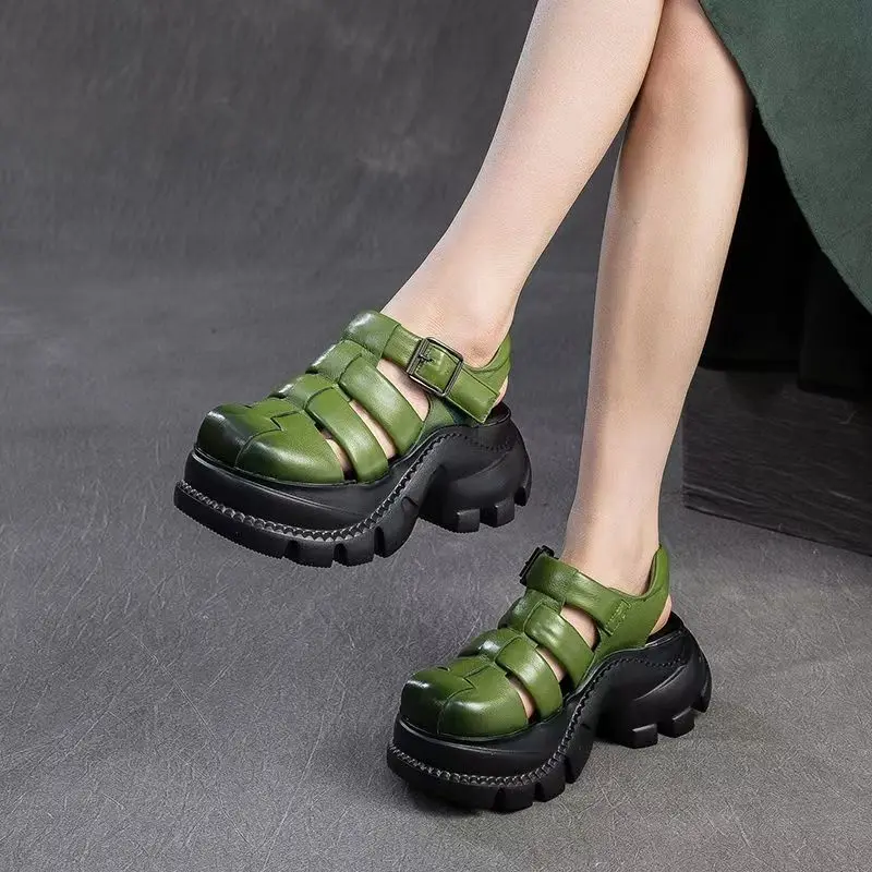 

Summer 2025 Outerwear Genuine Leather Thick-Soled Closed-Toe Sandals for Women Top-Grade Cowhide Retro Roman Women's Shoes