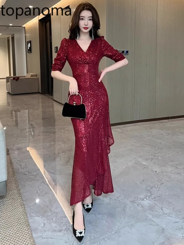 Topanoma Evening Dresses Women Sequins V Neck Irregular Slim Ruffles Cocktail Shiny Dress Sexy Elegant Wedding Party Banquet