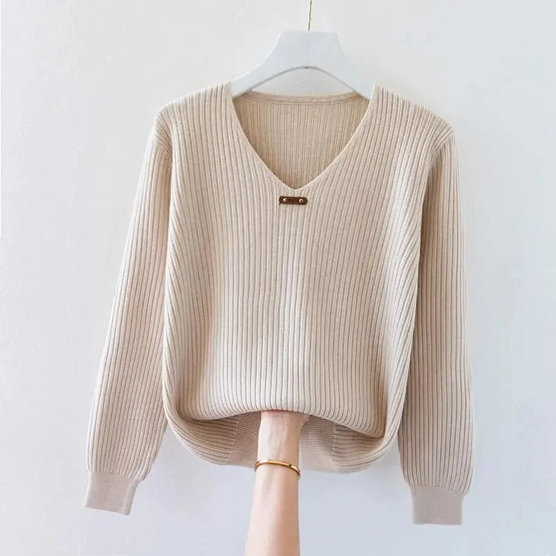 2024 New Sexy V Neck Women Sweater Autumn Knitted Pullover Jumper Chic Soft Korean Slim Long Sleeve Female Basic Top Pull Femme