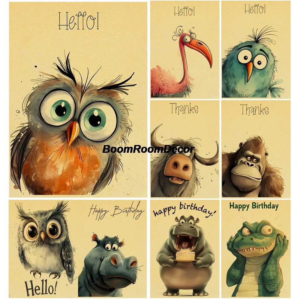 

Cute Painted Animals posters Vintage Kraft Paper Print Century Painting Canvas Room Coffee Decoration Living Home Decor Painting