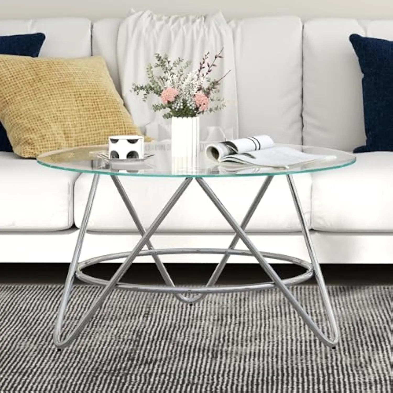 

Glass Coffee Table, Round Coffee Table Living Room, Modern Coffee Table with Tempered Glass Tabletop and Chrome Frame, Silver
