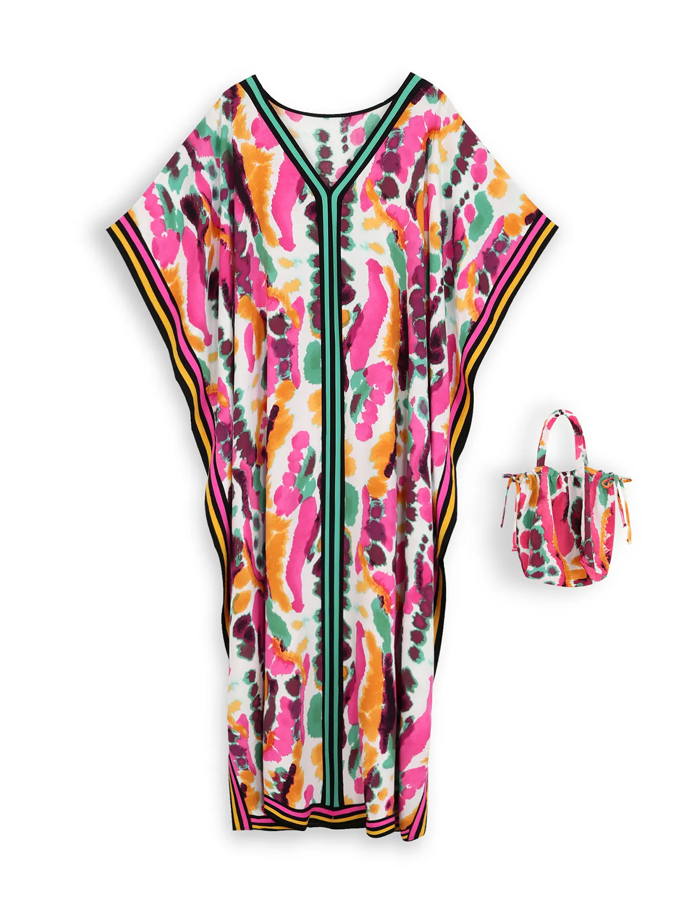 Kolorowy nadruk Plus Size Kaftan Boho kostium kąpielowy przykryty 2024 szlafrok letni plażowy sukienka Maxi (z małą torbą) Q1619