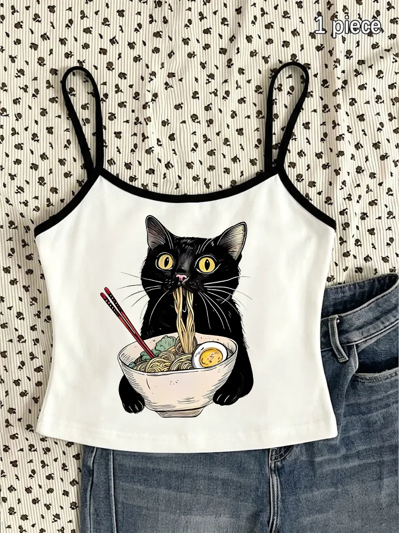 Funny Japanese Style Ramen Cat Y2k 90s Girls Retro Camisole Top Casual Cat Crop Top Vest 90s Women'S Tank Top Clothes Summer