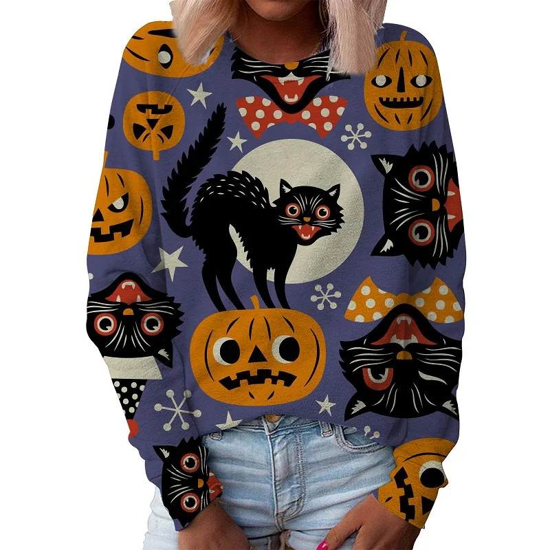 loween Print Long Sve round Ne Sweater Street Sle Women's Hoodie Thiened Cotton Blend Loose Fit Fall Faion