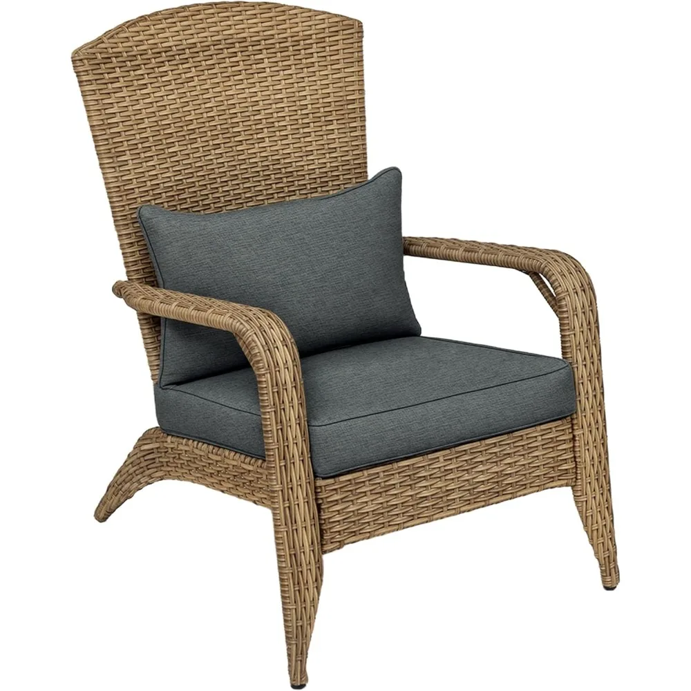 

Patio Wicker Adirondack Chair, Outdoor All-Weather Rattan Fire Pit Chair with Soft Cushions, Tall Curved Backrest and Comfortab