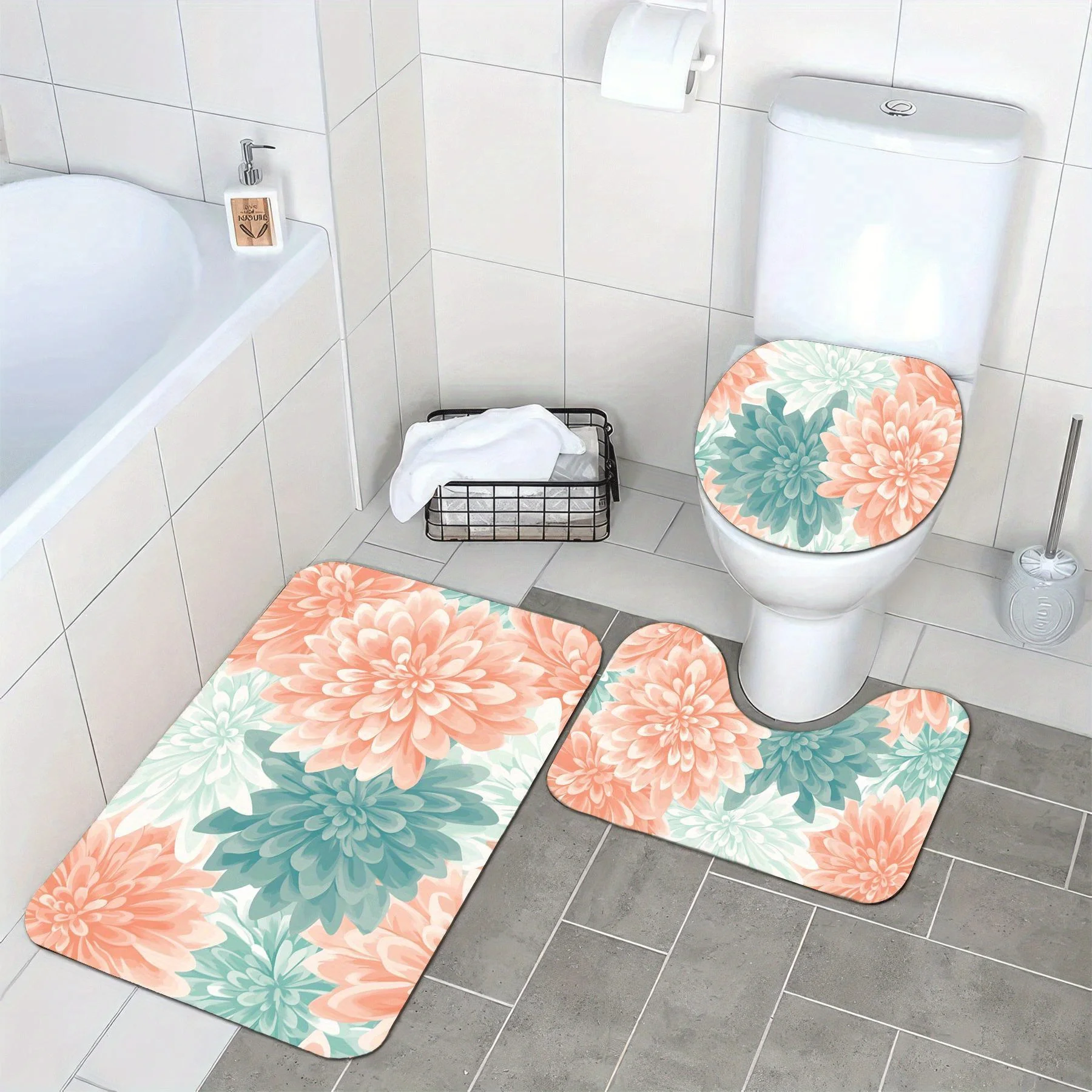Floral Bathroom Mat Set 3pcs Home Decor Bath Rug Floor Mat Tropical Print Design Slippers Accessory