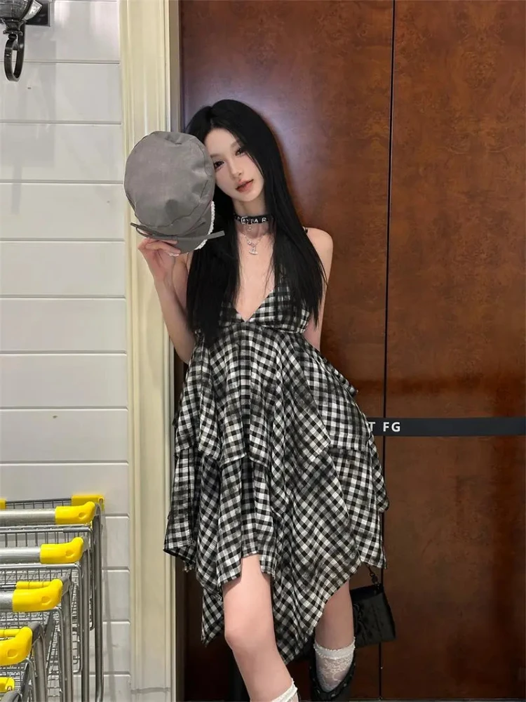 Picante meninas retro irregular dupla camada xadrez cinta vestido verão temperamento sem mangas a linha festa mini vestidos