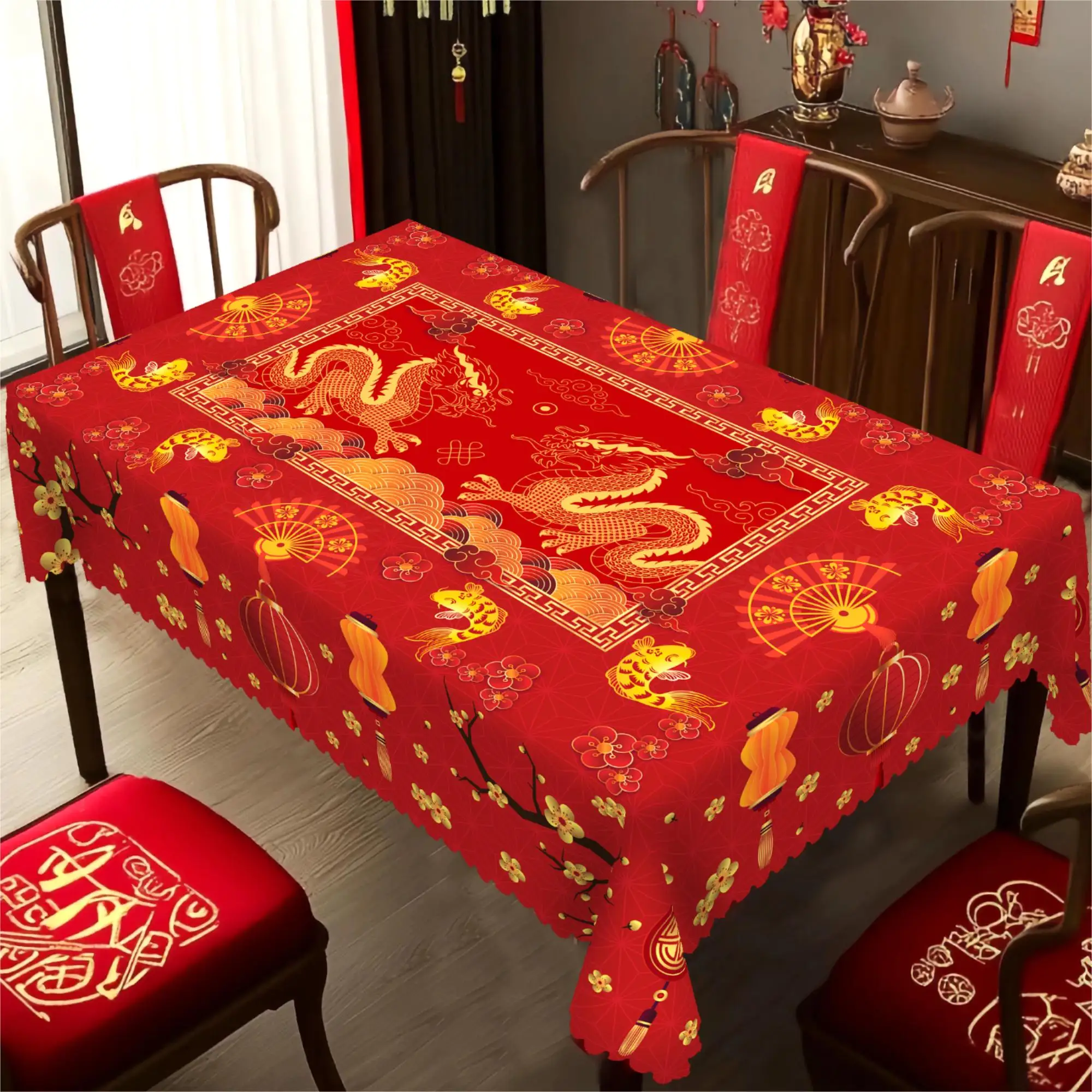 1 Piece of Spring Festival Tablecloths, 5 Sizes Available, Dragon Totem Plum Blossom Koi Pattern Printed Tablecloths, Edge Embossing Process, Spring Festival Kitchen Tablecloths for Daily Home Kitchen, Terrace Use, Gifts