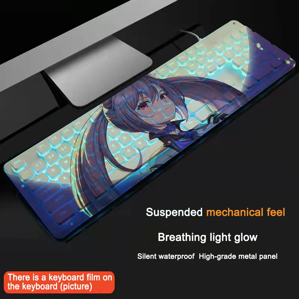 104 Keys Gaming Anime Keyboard Genshin Impact Keqing USB Wired Gaming Keyboard Keycap For Office Laptop Game PC Computer Teclado
