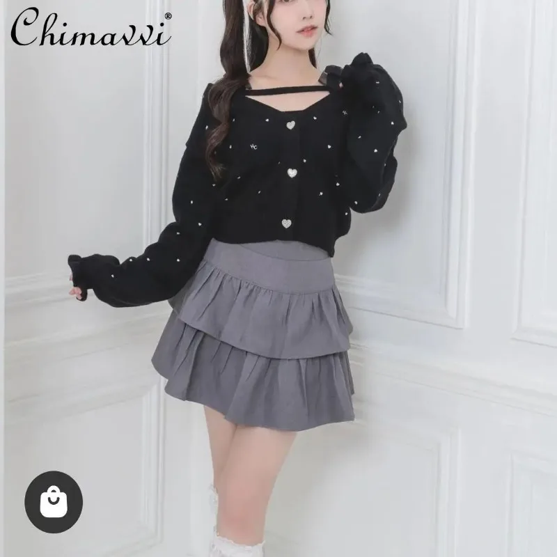 Japanese New Love Embroidery Diamond Buckle Long-sleeved Cardigan Sweet Girl Bow Suspenders 2-piece Set Women Lolita Knitted Top