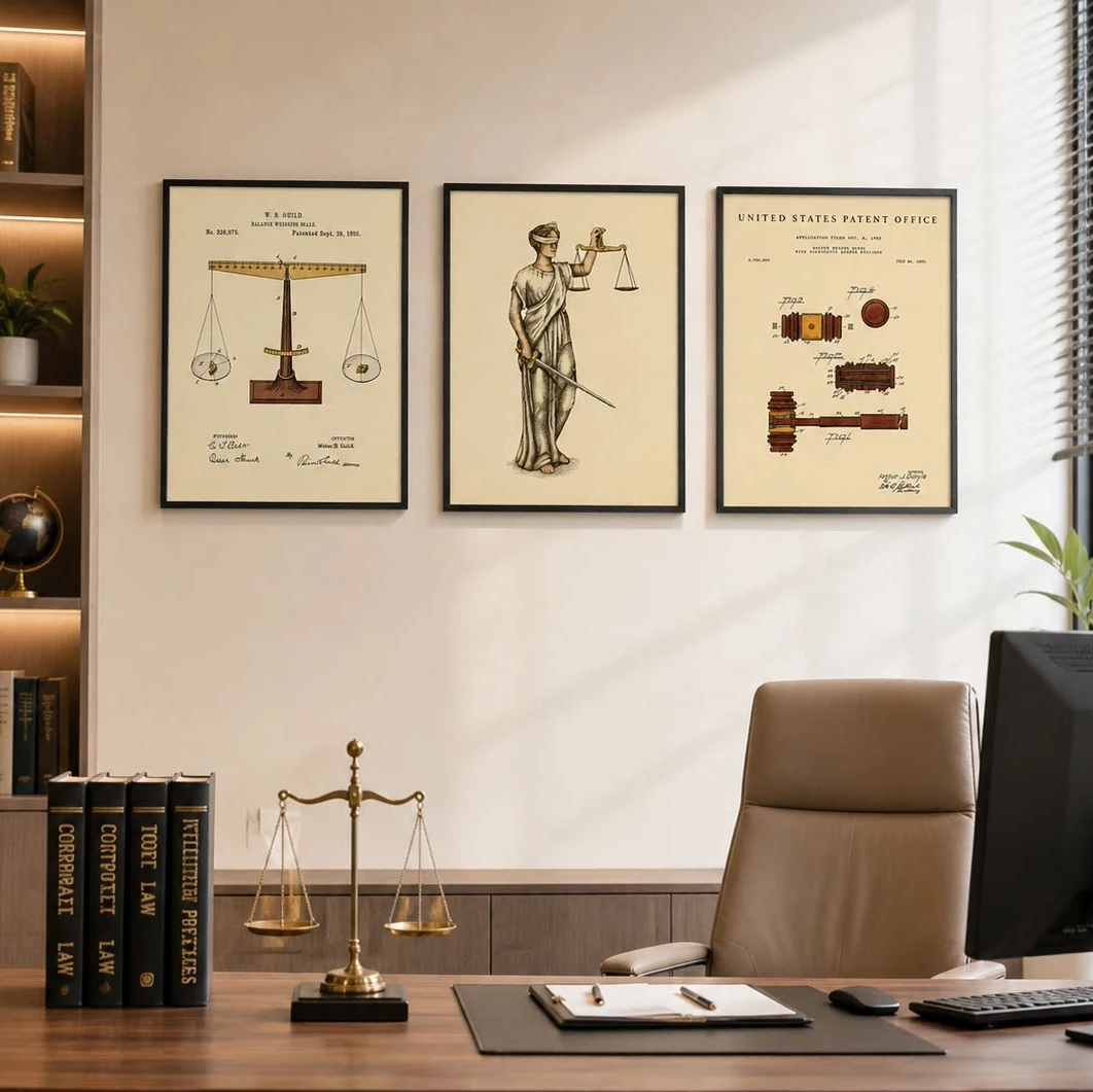 Lawyer Office Wall Art Vintage Legal Poster Scales of Justice Gavel Lady Justice Briefcase Print Law Firm Attorney Office Decor