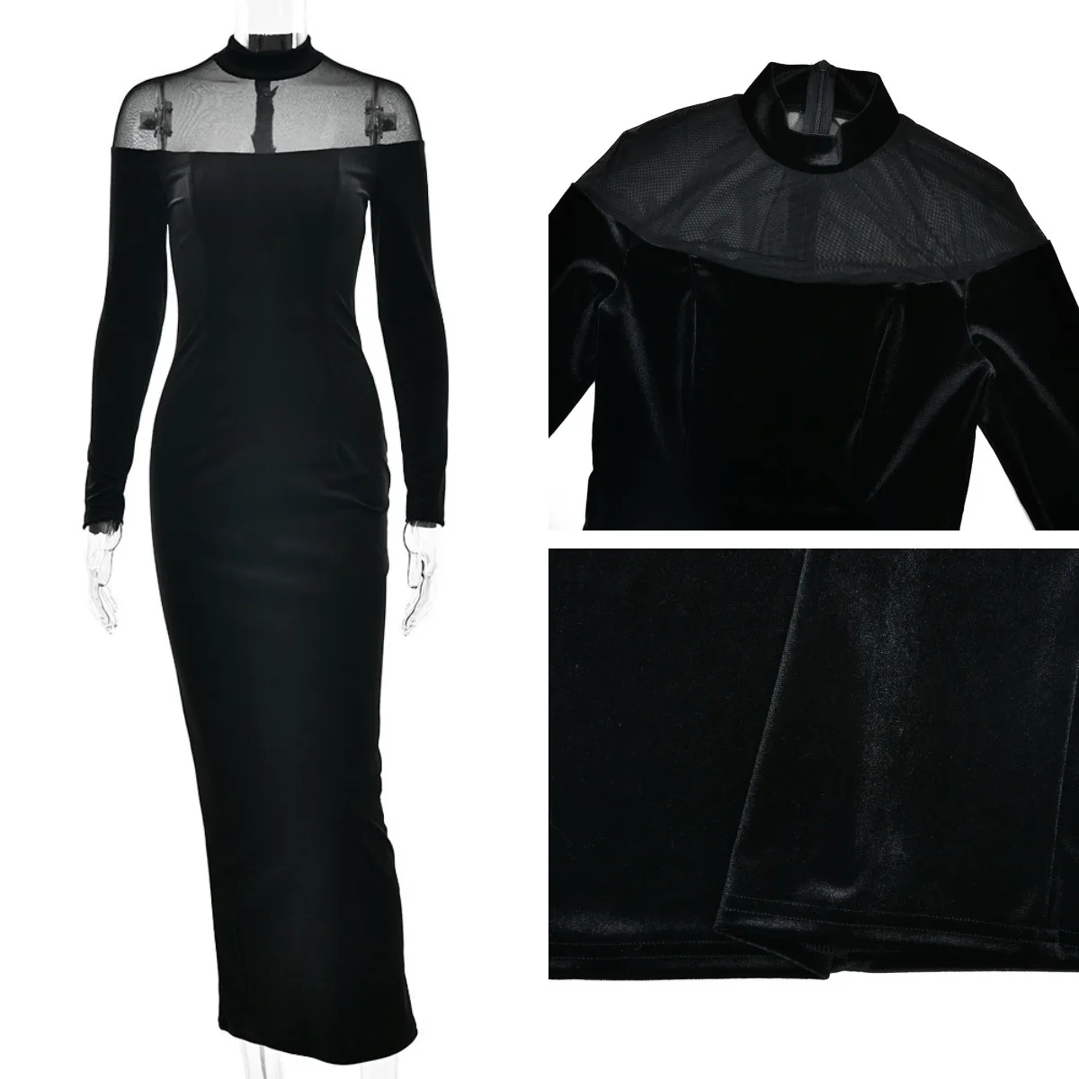 Absobe 2025 automne hiver femmes maille transparente Patchwork velours à manches longues robe moulante soirée élégante robe longue tenue Sexy