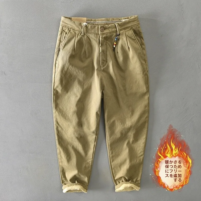 Thickened Fleece Pure Color Workwear Pants Men Winter New Sle Japanese Retro Pure Cotton Casual Straight Leg Khaki Color