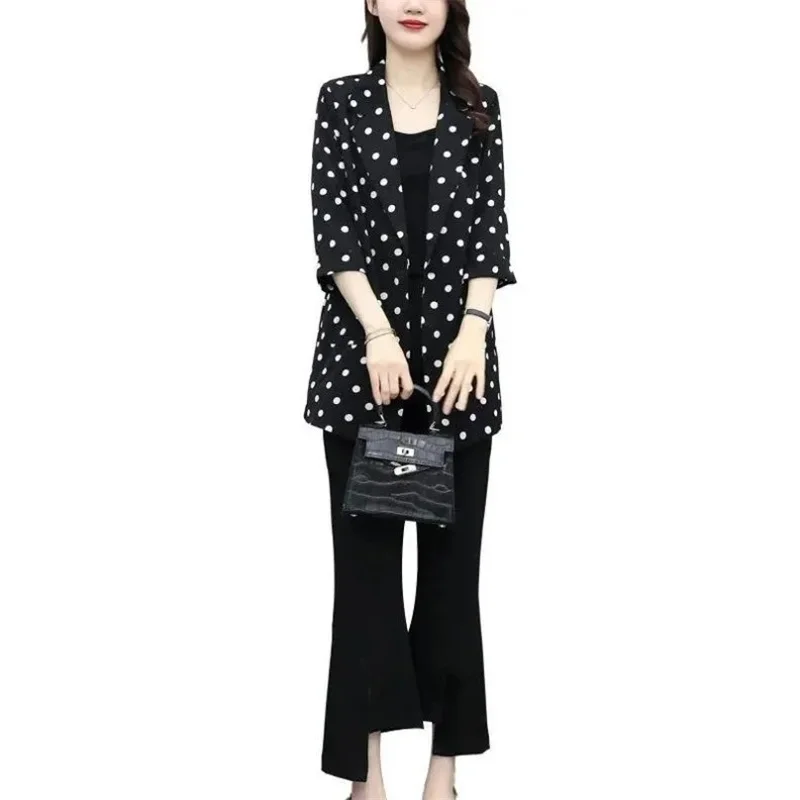 Women's 2024 Spring and Autumn New Trendy Fat MM Covering Belly Slim Thin Mid length Polka Dot Small Suit Women's Commuter Coat