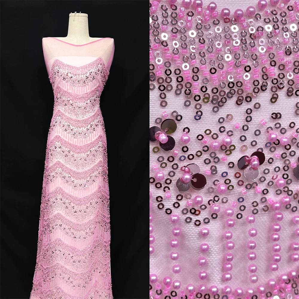 

Роскошная розовая кружевная ткань высокого качества 2025, французский тюль, кружевная ткань с блестками, африканская кружевная ткань с бисером для нигерийского свадебного платья