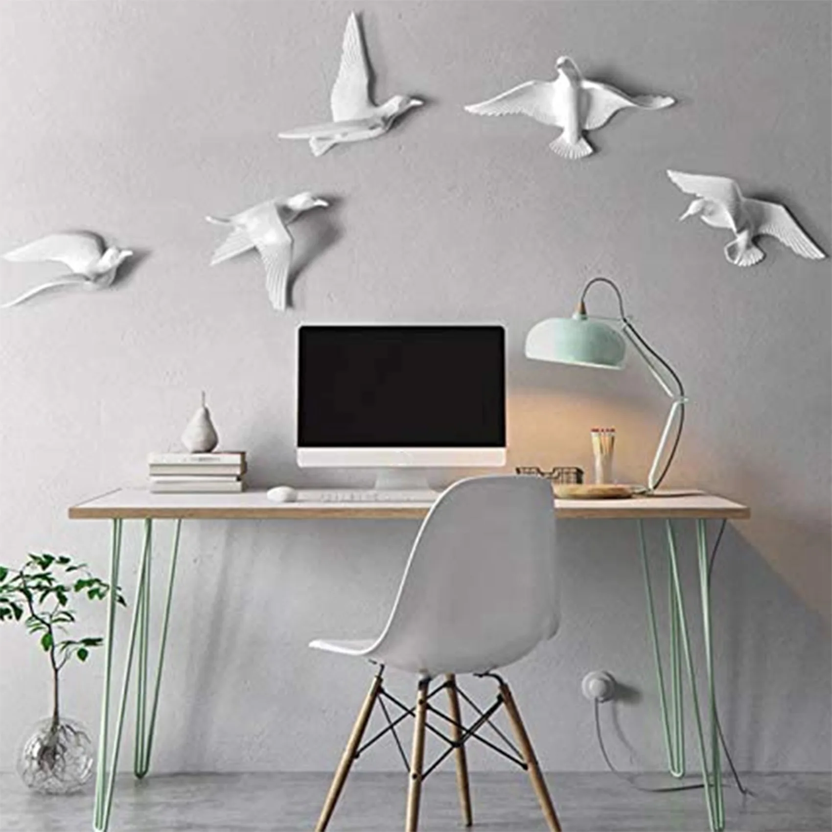 5PCS Seagull Wall Decor Resin Flying Bird Sculpture 3D Wall Art Ornament Decoration Wall Stickers For Home Decor Silver