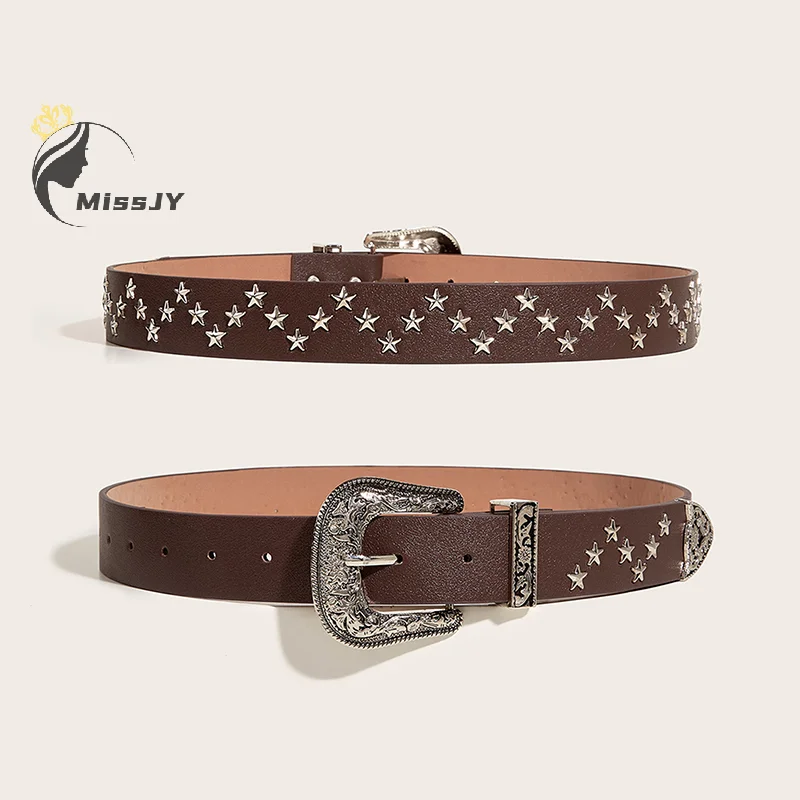 Vintage Star Rivet เข็มขัด Y2k หัวเข็มขัดโลหะ Punk Rock เข็มขัด Gothic Pu เข็มขัดผู้หญิงผู้ชายกางเกงยีนส์กางเกงอุปกรณ์ตกแต่ง