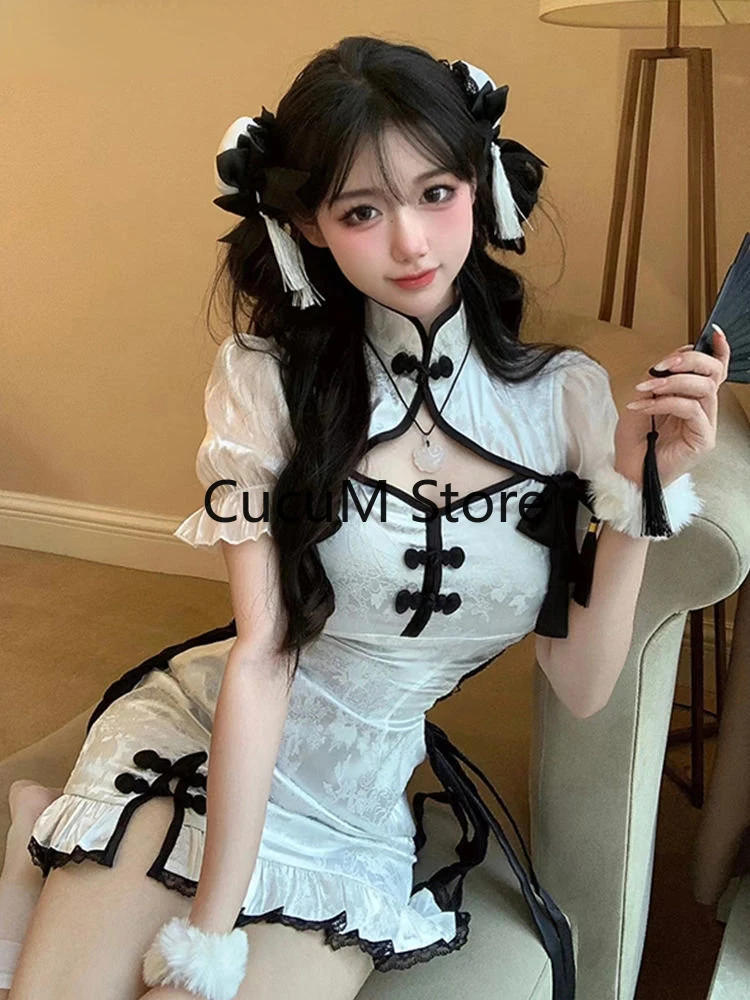 2023 Vintage Dresses Women Stand Neck Hollow Out Bow Ruffles Summer Robe Femme Lace Sexy Bodycon Mini Dress Female Chic Summer