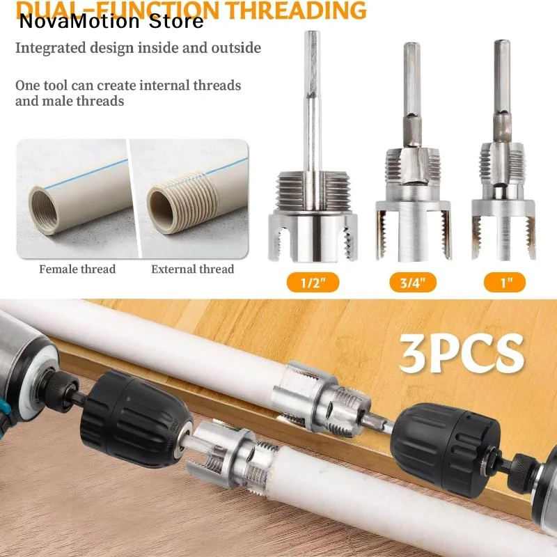 3Pcs Heavy-Duty PVC/Plastic Pipe Threading Tool Kit With 1/2